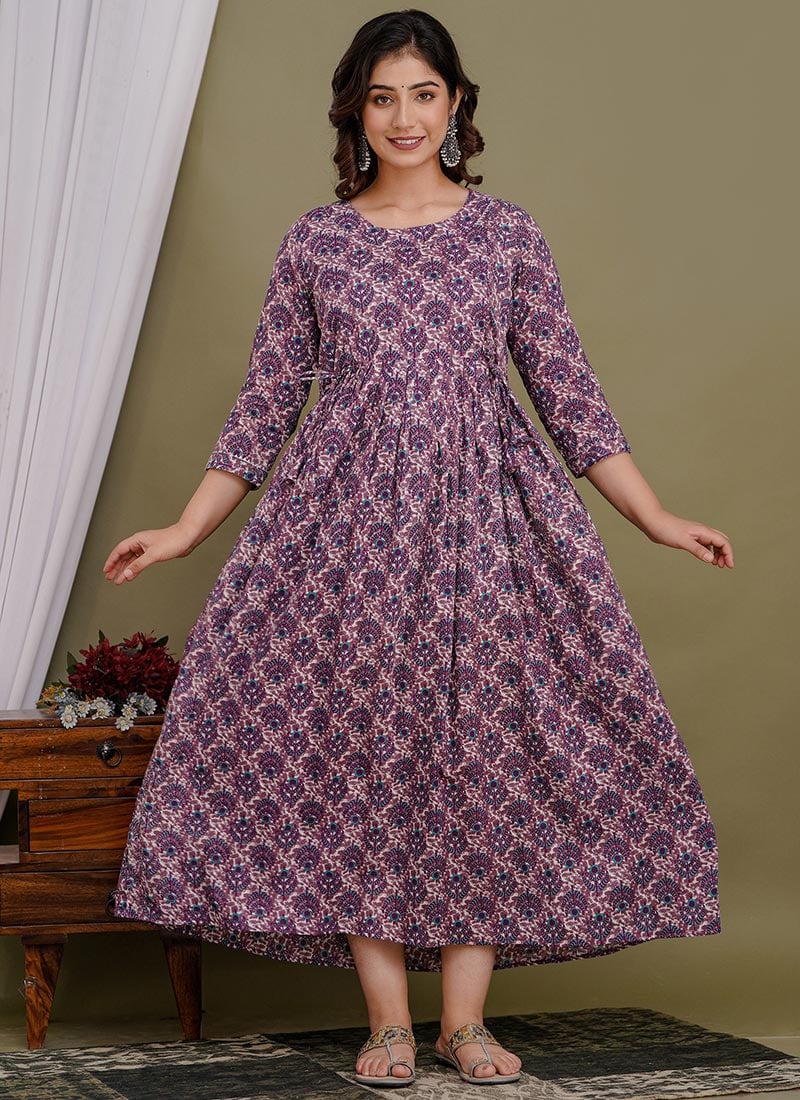 Purple Cotton Printed Dress