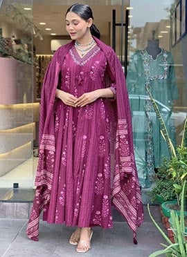 Purple Cotton Printed Embroidered Straight Pant Suit