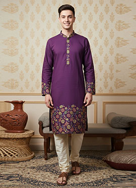 Purple Cotton Printed Kurta Pyjama