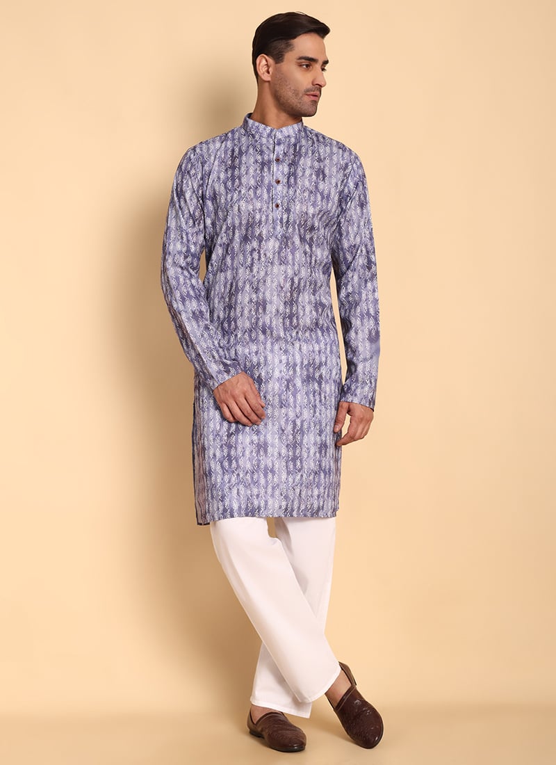 Purple Cotton Printed Kurta Pyjama Set Festive Wear