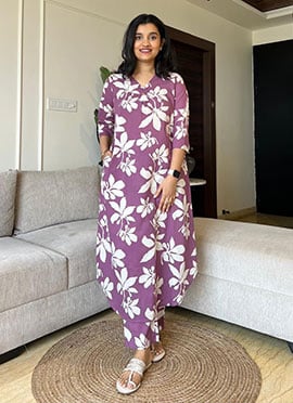 Purple Cotton Printed Kurta Straight Pant Set
