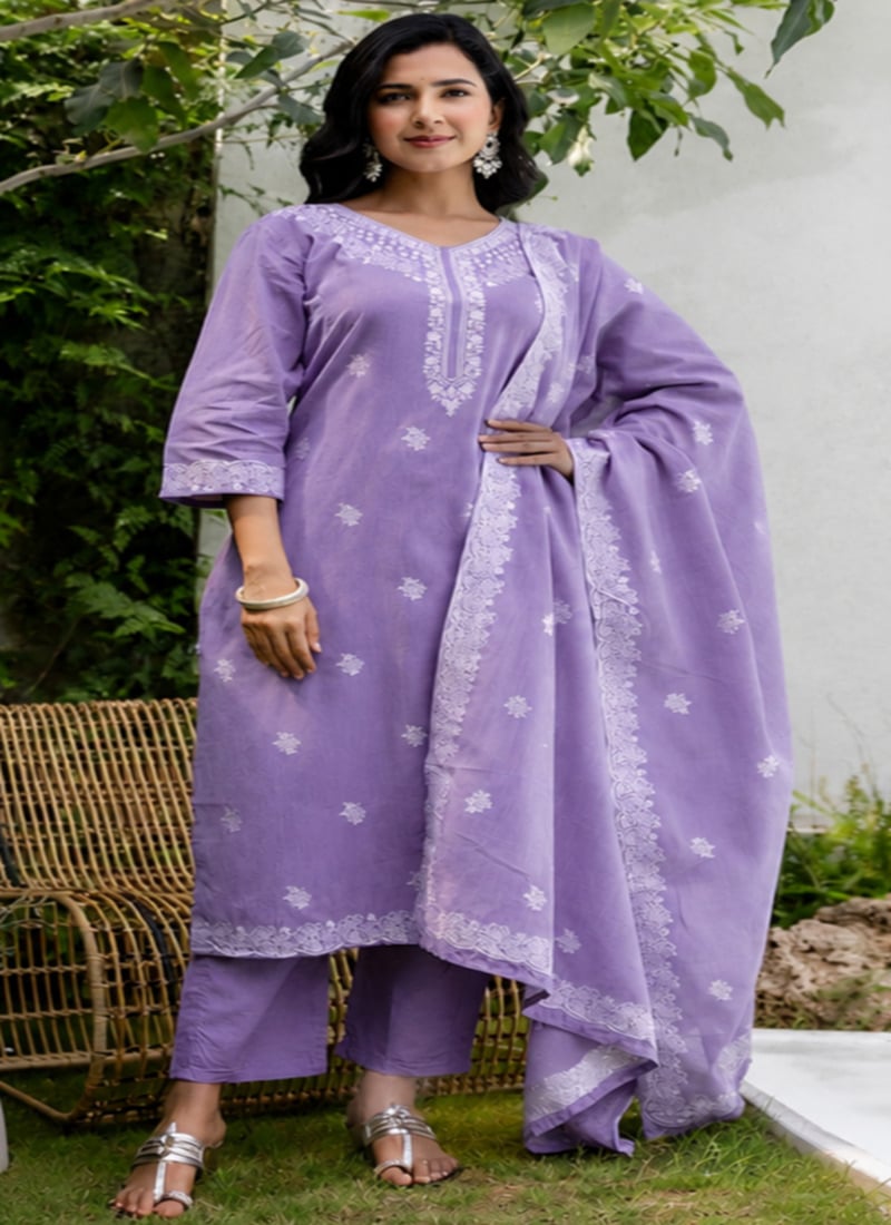 Purple Cotton Printed Refined Straight Pant Suit Work Wear