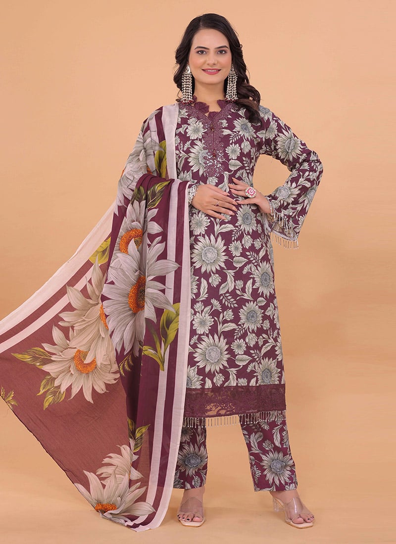 Purple Cotton Printed Sequins Straight Pant Suit Festive Wear