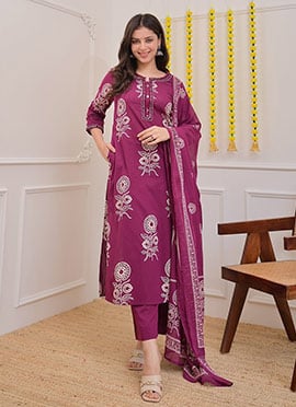 Purple Cotton Printed Straight Pant Suit