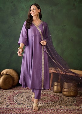 Purple Cotton Sequins Straight Pant Suit