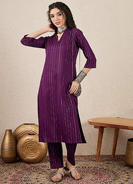 Purple Cotton Silk Blend Zari Woven Kurta Straight Pant Set