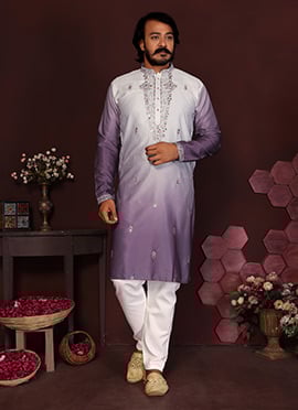 Purple Cotton Silk Embroidered Sequins Kurta Pyjama Set