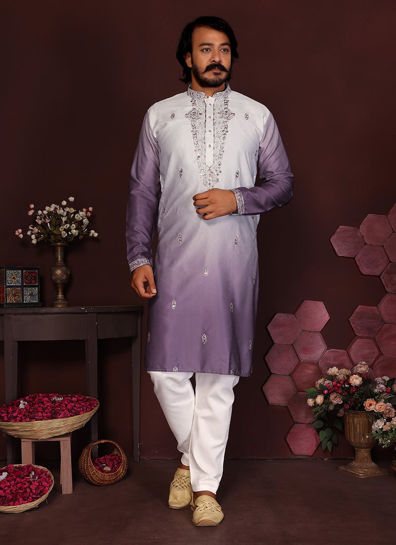 Purple Cotton Silk Embroidered Sequins Kurta Pyjama Set Festive Wear