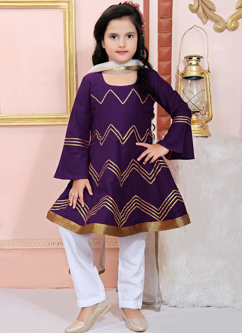 Purple Cotton Silk Gota Lace Kids Girls Straight Pant Suit Festive Wear