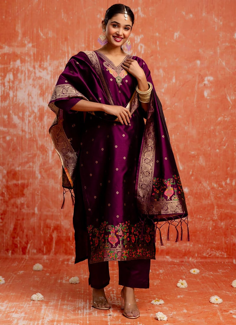 Purple Cotton Silk Jacquard Meenakari Straight Pant Suit Festive Wear