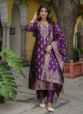 Purple Cotton Silk Jacquard Straight Pant Suit