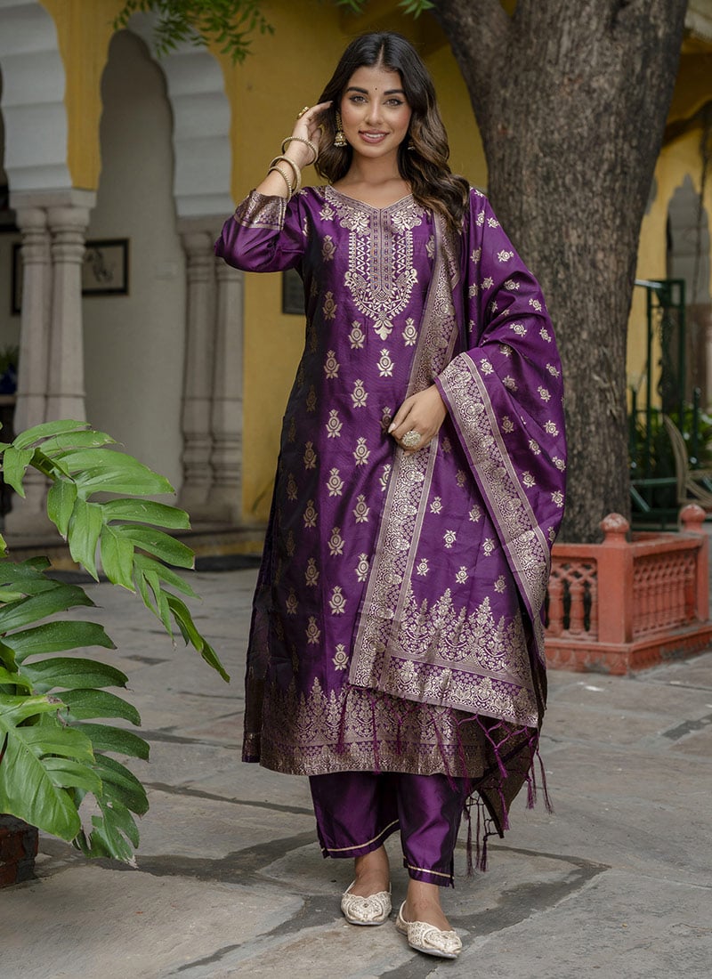 Purple Cotton Silk Jacquard Straight Pant Suit Festive Wear