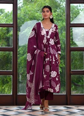 Purple Cotton Silk Printed Straight Pant Suit