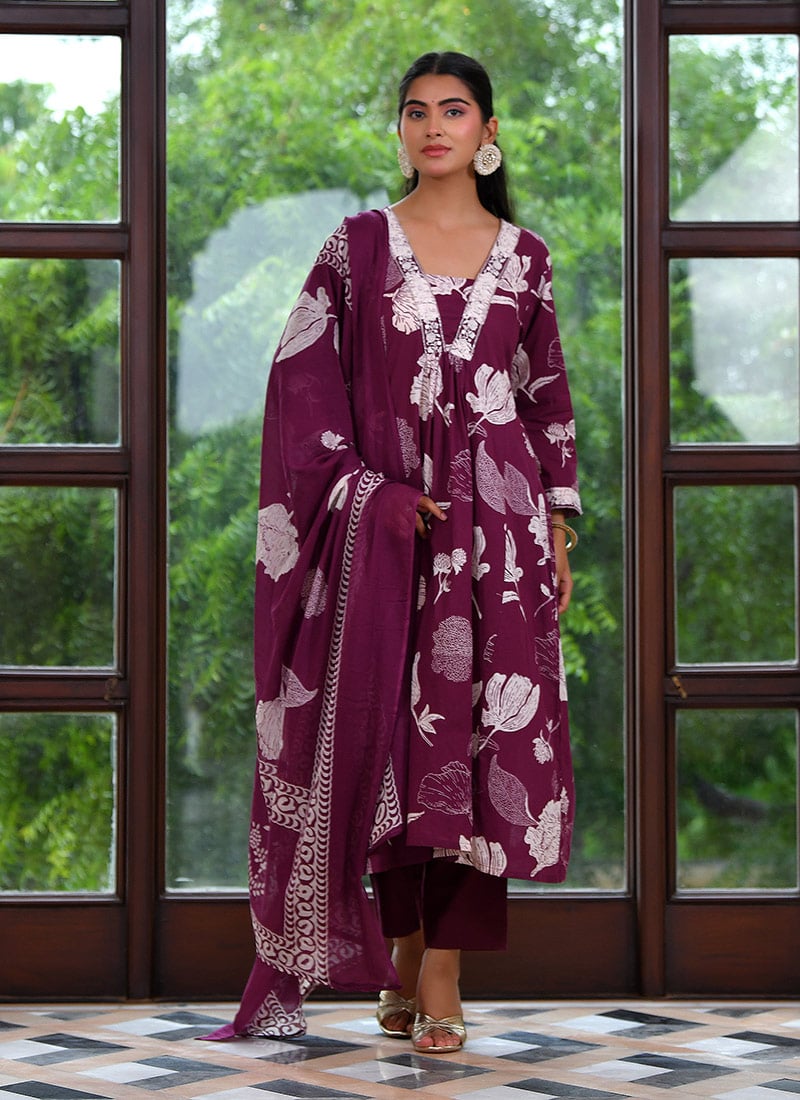 Purple Cotton Silk Printed Straight Pant Suit After Six Wear