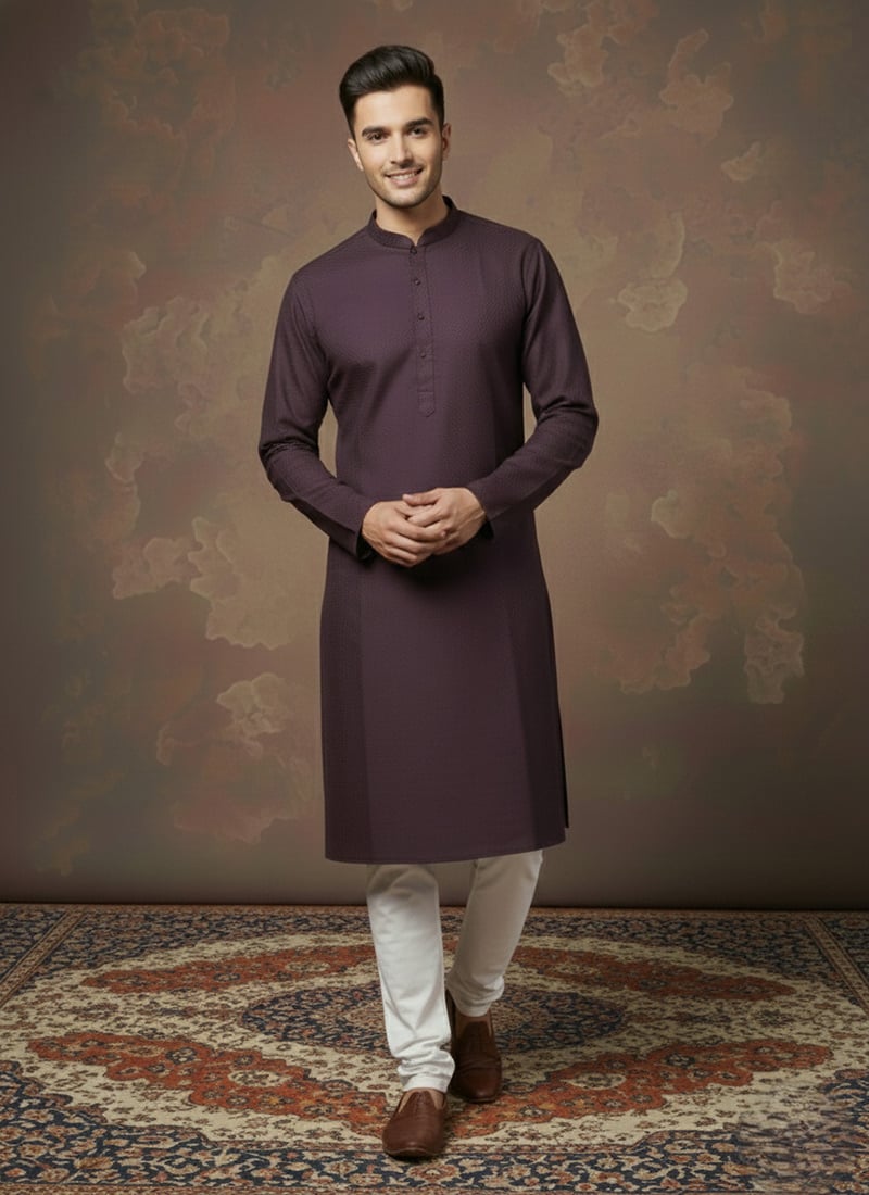 Purple Cotton Textured Kurta Pyjama Festive Wear