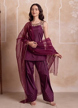 Purple Crepe Embroidered Balloon Salwar Suit