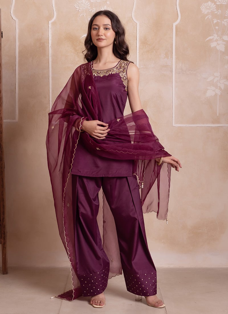 Purple Crepe Embroidered Balloon Salwar Suit After Six Wear