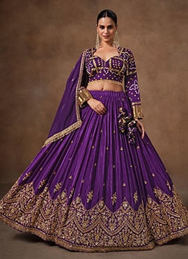 Purple Crepe Pure Bandhej Embroidered Sequins Stone Lehenga