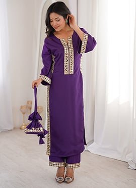 Purple Crepe Real Mirror Lace Work Kurta Straight Pant Set