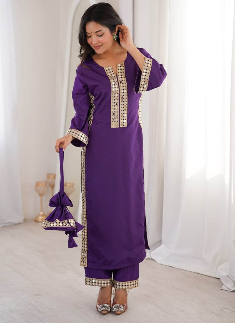 Purple Crepe Real Mirror Lace Work Kurta Straight Pant Set After Six Wear