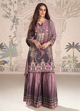 Purple Crepe Silk Digital Print Stone And Mirror Work Sharara Suit