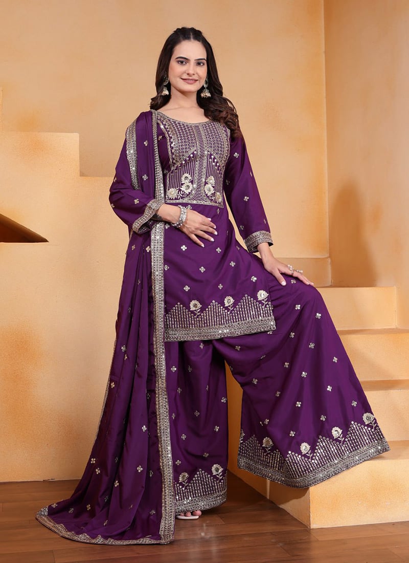 Purple Crepe Silk Embroidered Sequins Palazzo Suit Festive Wear