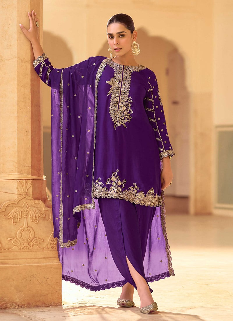 Purple Crepe Silk Embroidered Sequins Stunning Dhoti Suit Festive Wear