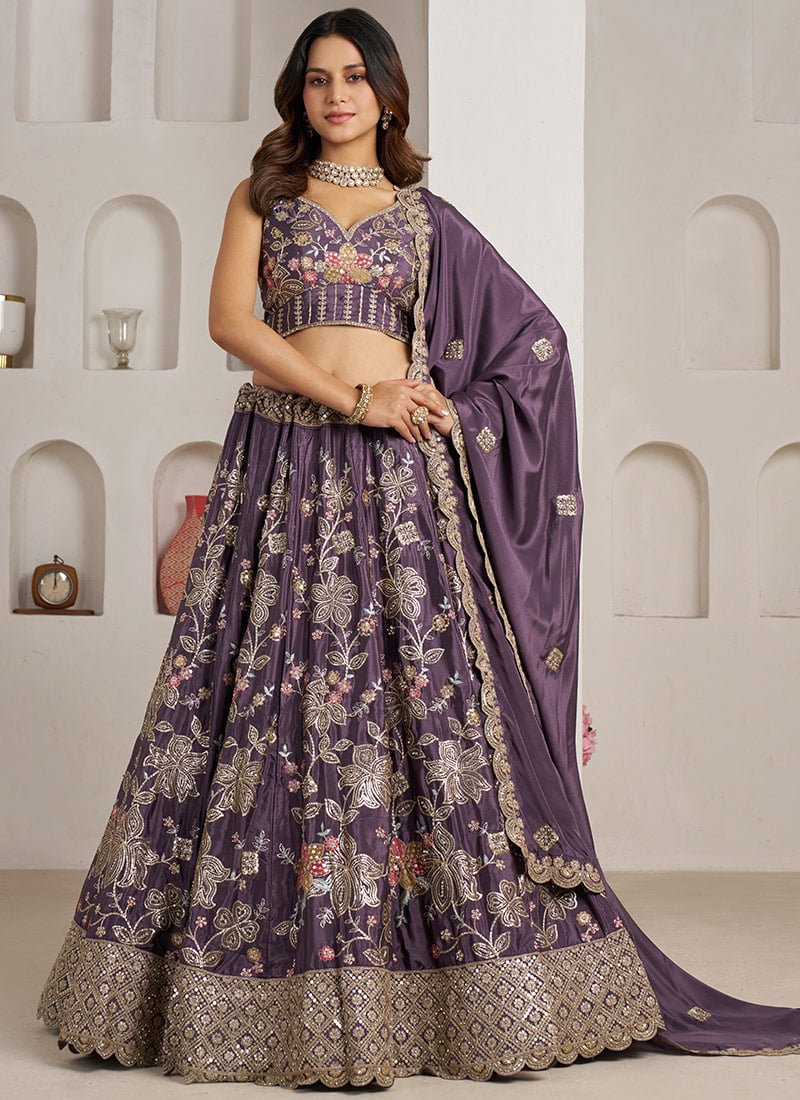 Purple Crepe Silk Golden Floral Embroidered Lehenga Wedding Wear