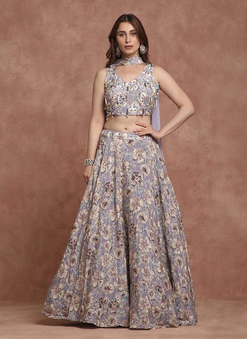 Purple Crepe Silk Sequins And Beads Umbrella Lehenga