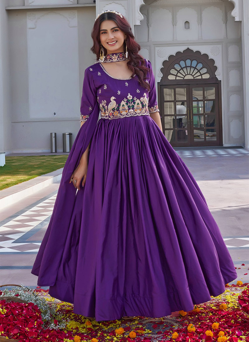 Purple Crepe Silk Sequins Embroidered Anarkali Suit Festive Wear