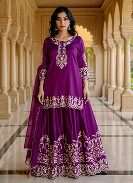 Purple Crepe Silk Sequins Embroidered Palazzo Suit