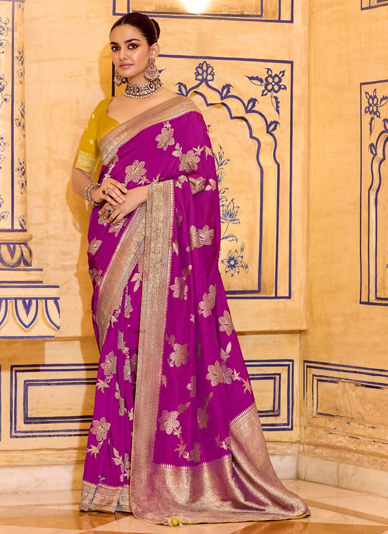 Purple Crepe Silk Zari Jacquard Floral Woven Saree Festive Wear