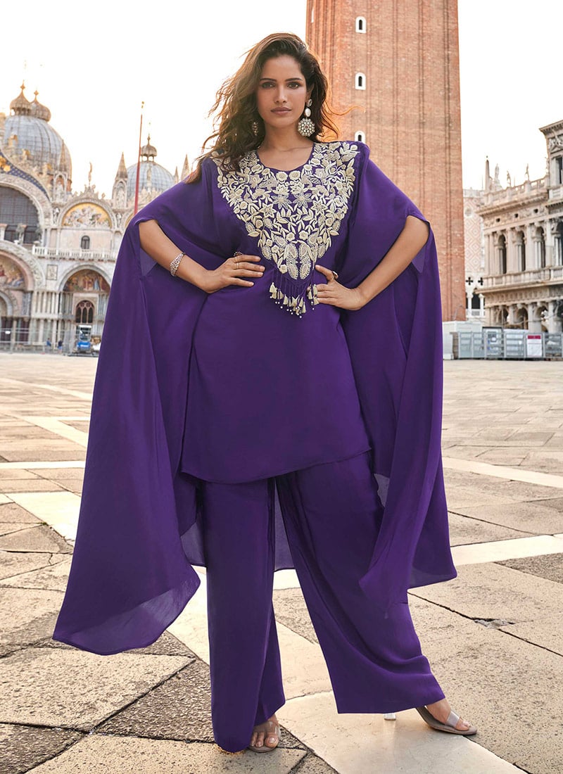 Purple Crepe Silk Zari Sequins Zardosi Thread Embroidered Indowestern Suit Festive Wear