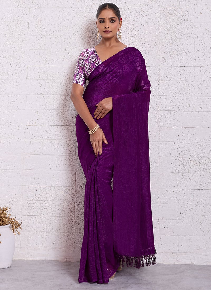 Purple Crunchy Silk Digital Print Saree After Six Wear