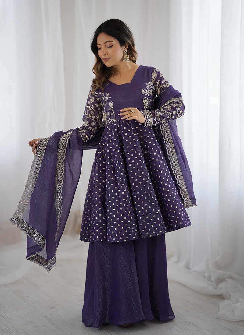 Purple Crunchy Silk Embroidered Sequins Palazzo Suit Festive Wear