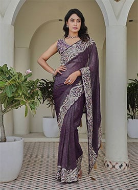 Purple Crunchy Silk Embroidered Sequins Saree