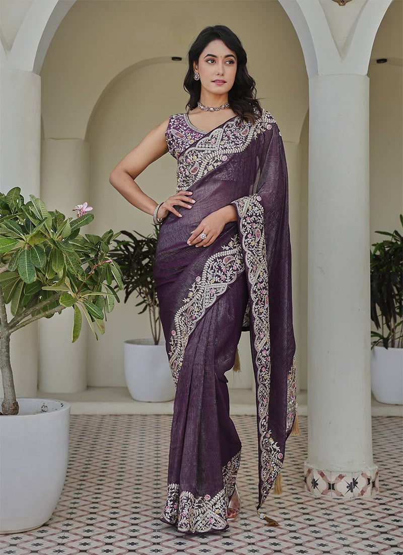 Purple Crunchy Silk Embroidered Sequins Saree Festive Wear
