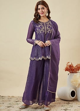 Purple Crunchy Silk Sequins Zari Palazzo Suit