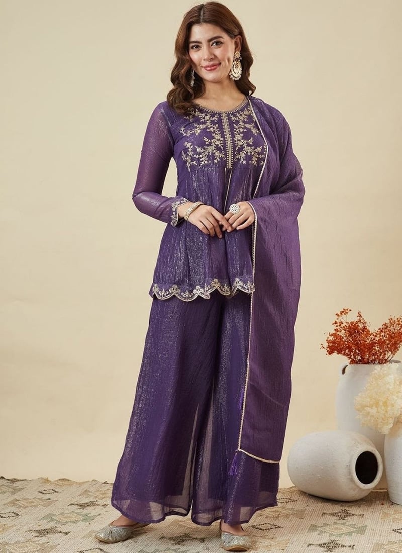 Purple Crunchy Silk Sequins Zari Palazzo Suit After Six Wear