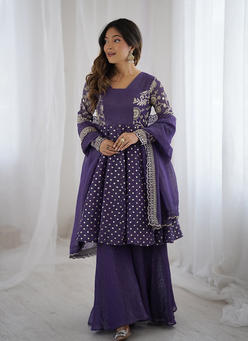 Purple Crunchy Silk Zari And Embroidered Sequins Palazzo Suit Festive Wear