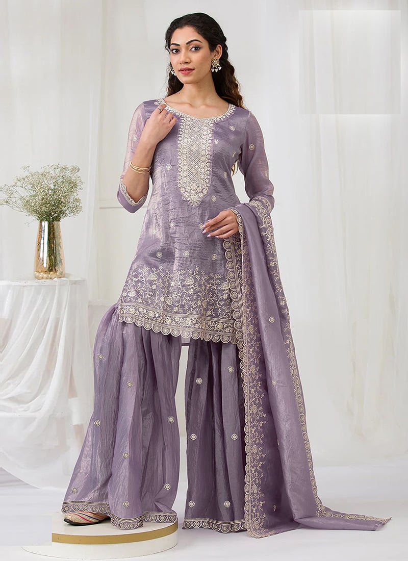 Purple Crush Georgette Embroidered Sequins Sharara Suit Festive Wear