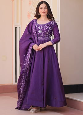 Purple Crush Silk Embroidered Beads Work Anarkali Suit