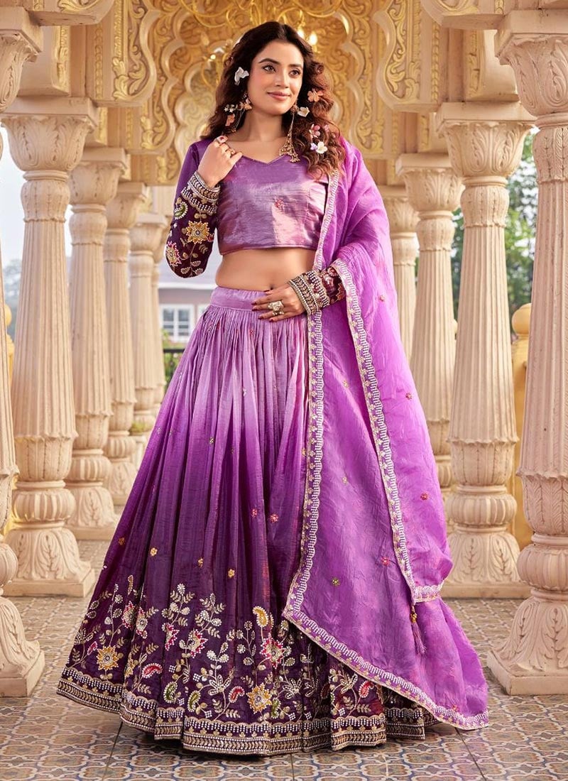 Purple Crush Silk Embroidered Sequins Lehenga Wedding Wear