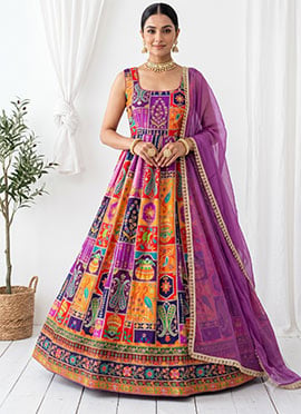 Purple Digital Print Gota Mirror Work Crepe Anarkali Suit