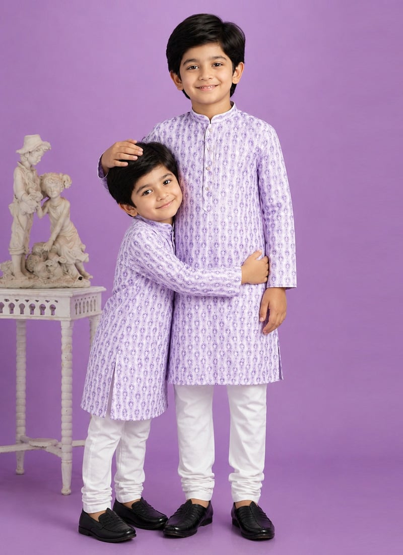 Purple Digital Print Kurta Cotton Kurta Pyjama For Kids Boys Festive Wear