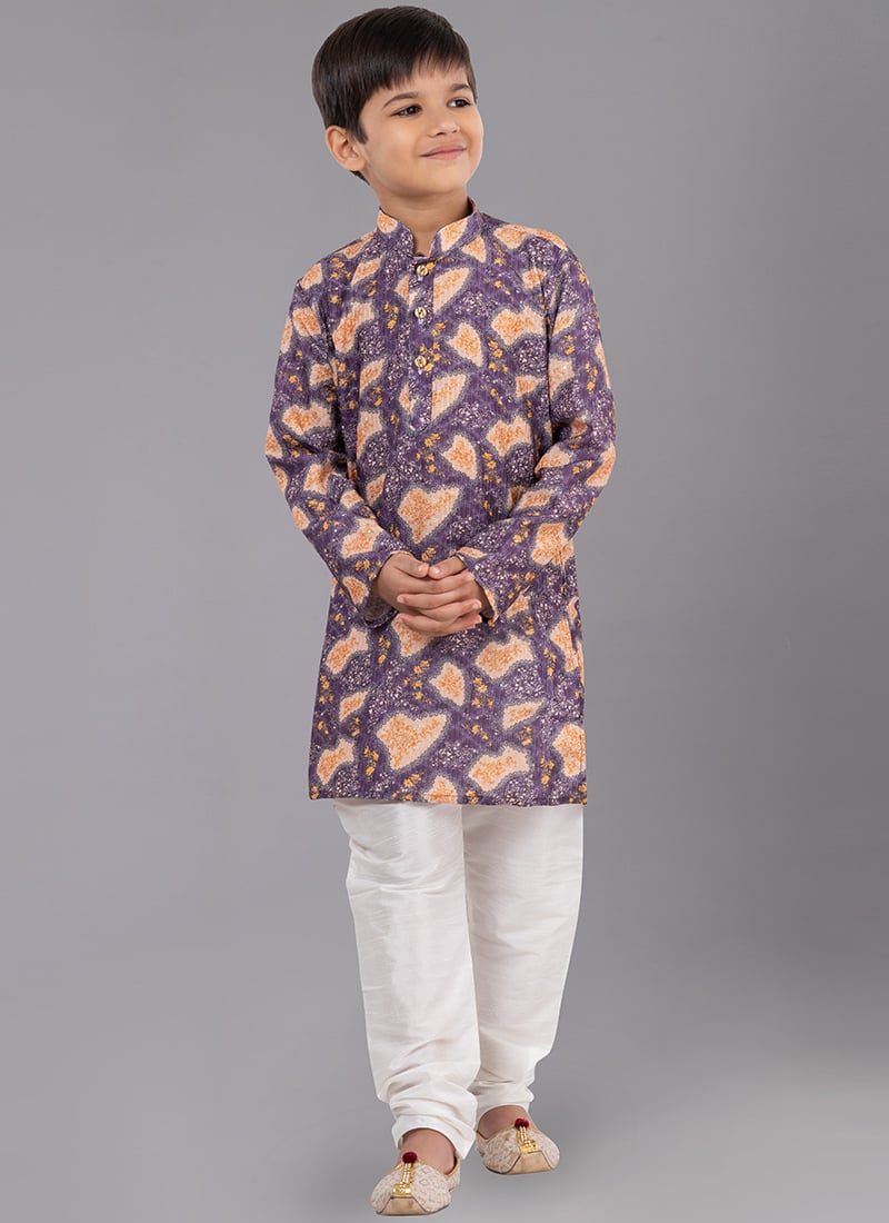 Purple Digital Printed Kids Kurta Pyjama Party Wear