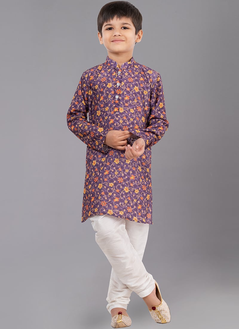 Purple Digital Printed Kids Kurta Pyjama Party Wear