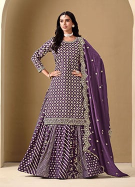 Purple Dola Jacquard Zari Embroidered Sequins With Mirror Work Lehenga