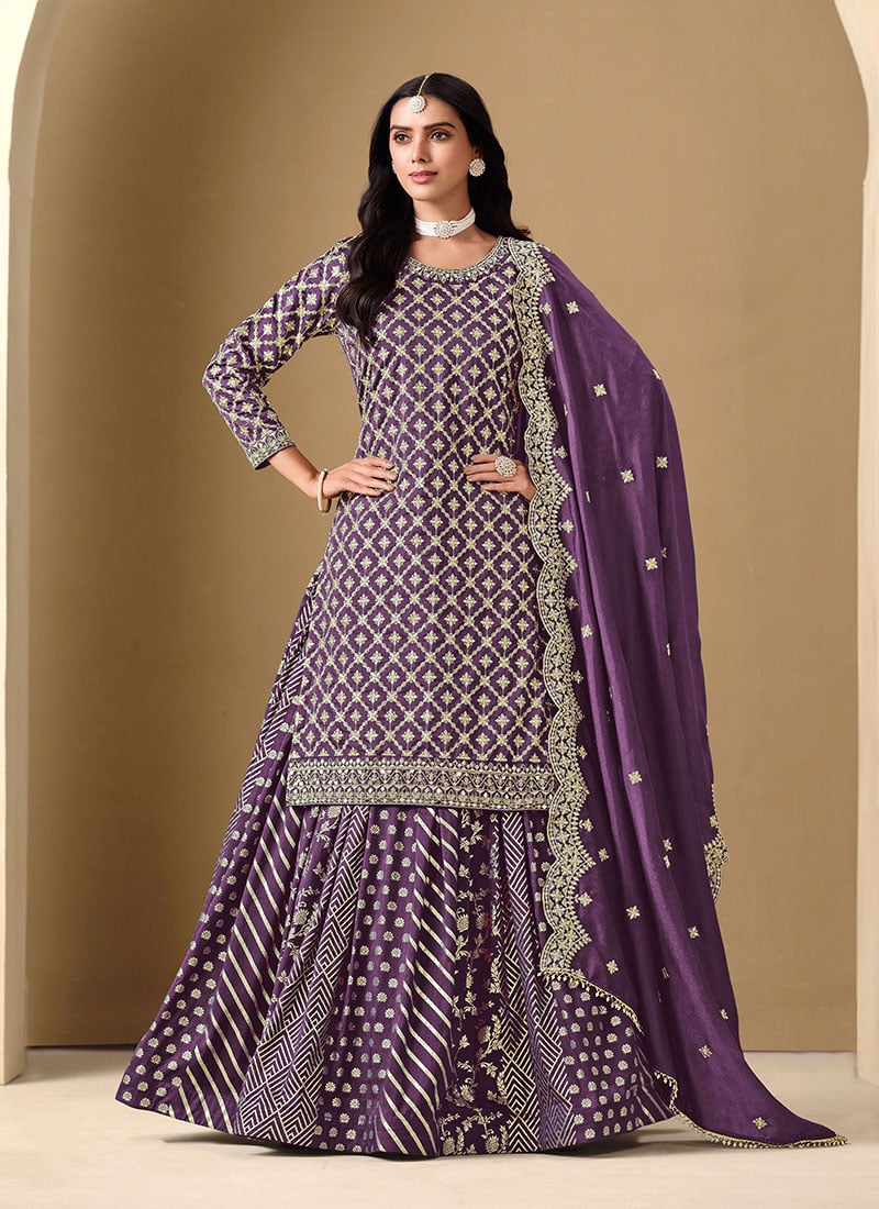 Purple Dola Jacquard Zari Embroidered Sequins With Mirror Work Lehenga Festive Wear