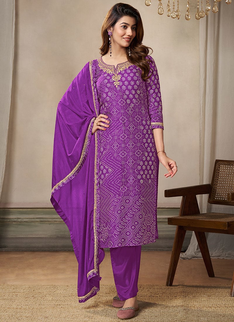 Purple Dola Silk Bandhini Print Embroidered Straight Pant Suit Festive Wear